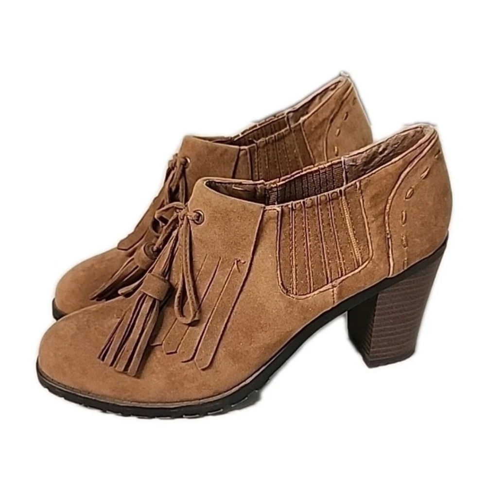 NEW Ruff Hewn Ginger Suede Heeled Bootie Kiltie Tassel Slip On Womens 9M